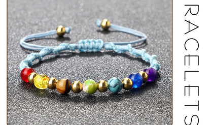 Reiki 7 Chakra Bracelet, Natural Stone Rope, Braided Yoga Healing Gold Color Copper Beads Bracelets & Bangles Meditation Jewelry