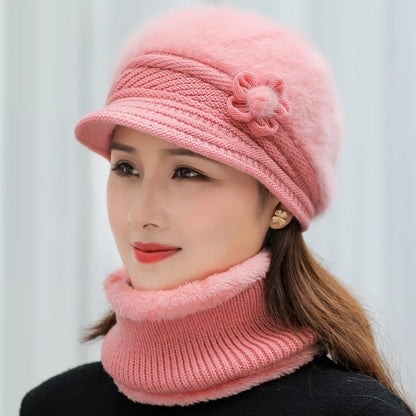 New Women Winter Hat, Keep Warm Cap, Add Fur Lined Hat & Scarf Warm Set, Fashion Hat For Women Casual Faux Fur Flower Knitted Hat