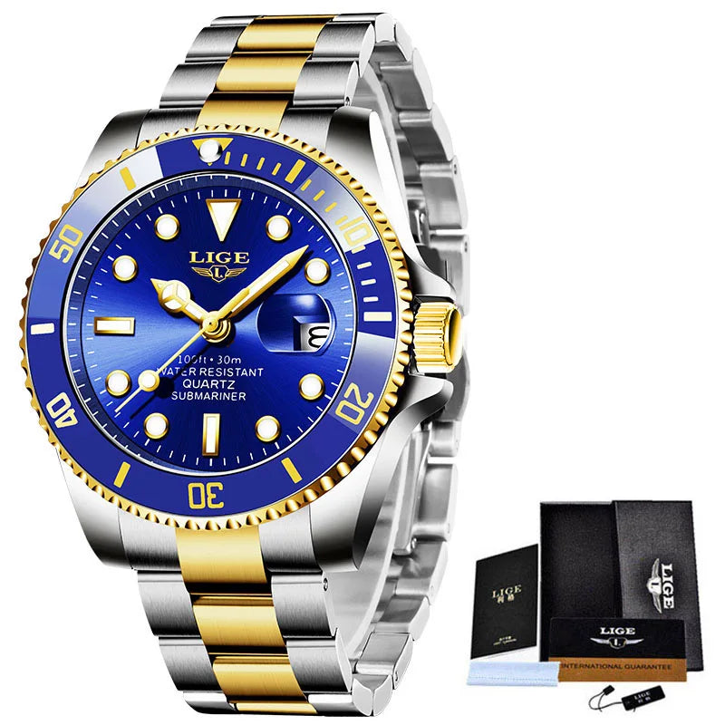 Luxury Fashion Diver Watch For Men, 30ATM Waterproof Date Clock, Sports Watch For Mens, Quartz Wristwatch, Relogio Masculino, LIGE Top Brand
