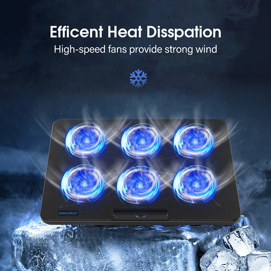 Coolcold 15.6-17.3-inch Laptop Cooling Pad with 6 Quiet Fans, 7-Level Height and Wind Speed Adjustable, Laptop Cooler with Mobile Phone Holder