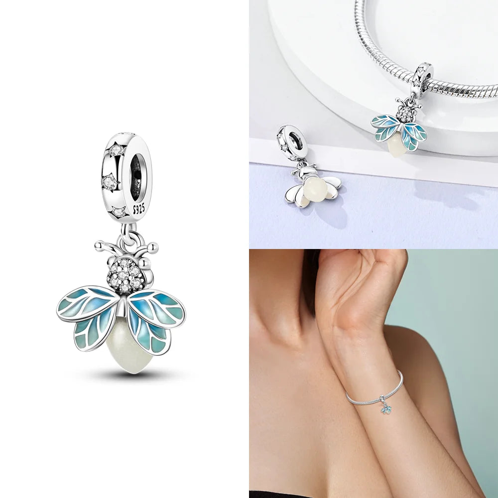 Charms 925 Silver Blue Original Stars Heart Zircon Chameleon Panda Glass Beads Fit Bracelet Jewelry Women Diy Accessories