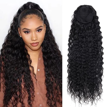 Deep Wave Drawstring Ponytail, Human Hair Ponytails, #1B Natural Black Curly Clip In Hair Extensions For Daily Cosplay, 1 Piece