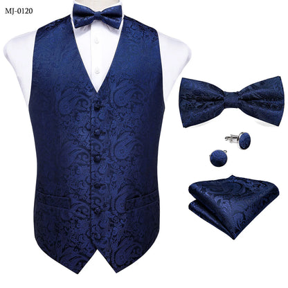 Suit Vest With Bow Tie Pocket Square Cufflinks Light Blue Black Red Paisley Luxury Wedding Prom Tuxedo Waistcoat for Men