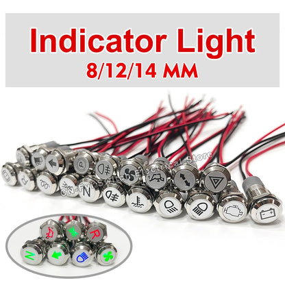 8/12/14MM Waterproof Symbol LED Indicator Light 12V 24V Silver Metal Indicator Turn Signal Pilot Light with Wire Car Dashboard