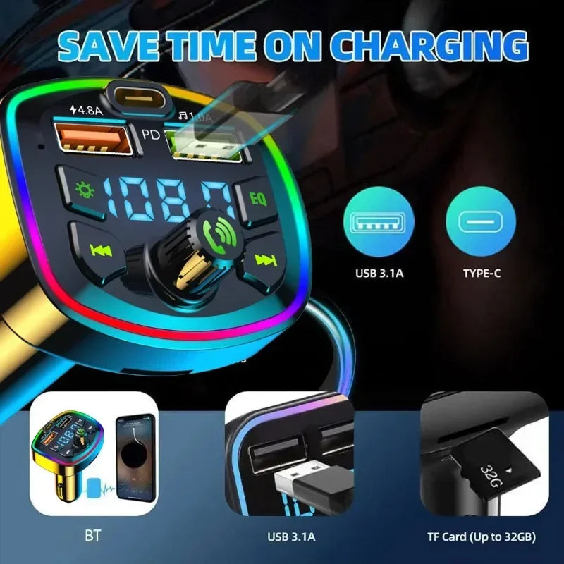 Car MP3 Player Bluetooth 5.0 FM Transmitter Handsfree Car Radio Modulator with Built-in Mic USB Quick Charge Adapter for Car