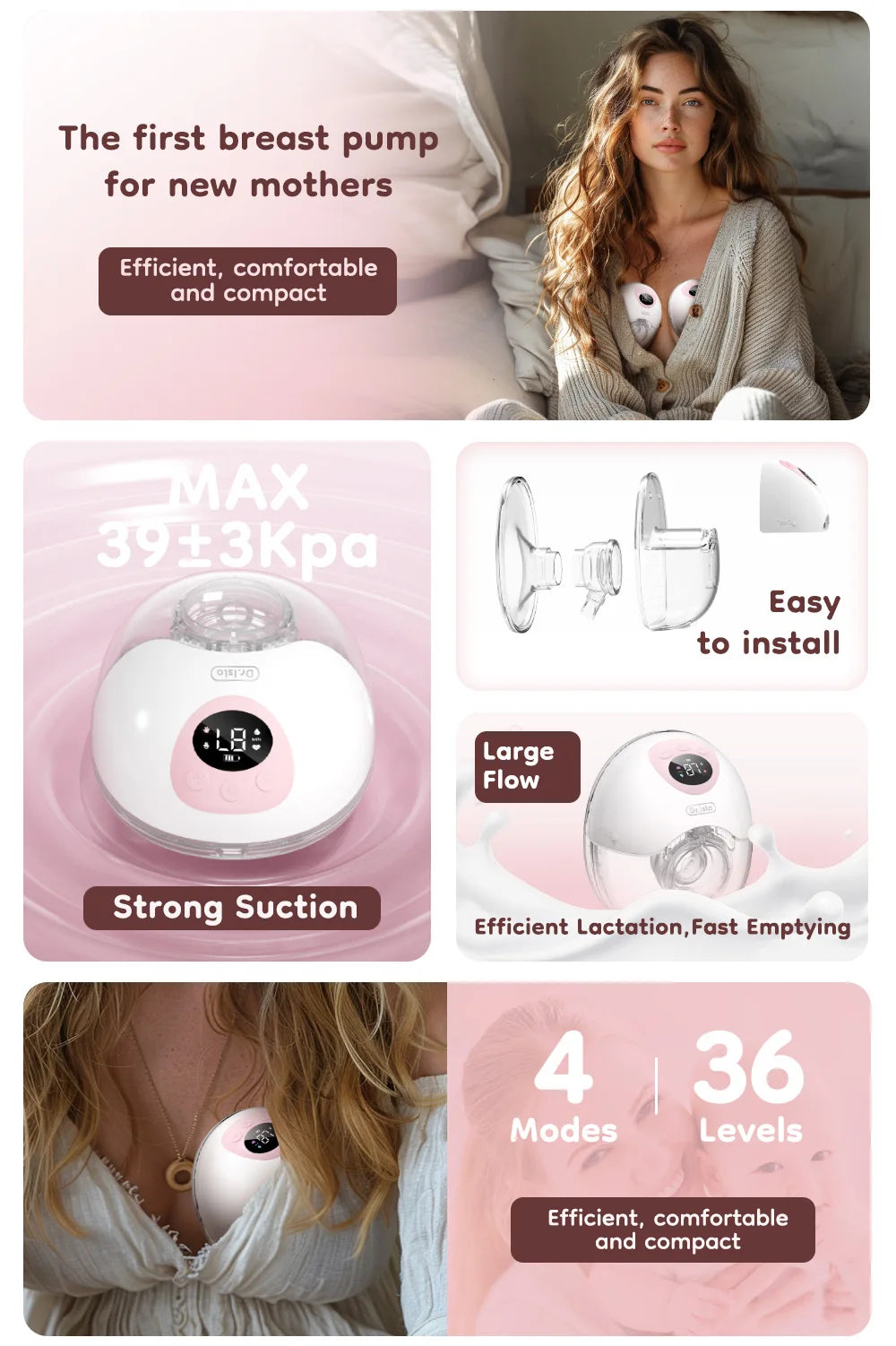 MAMIJOY Wearable Electric Breast Pump 4 Modes 36 Suction Levels Hands Free 35dB Low Noise Breast Pumps Breastfeeding EB50＆EB50D