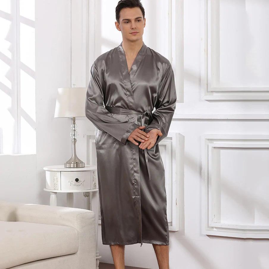 Plus Size 3XL, Men Long Bathrobe Sleepwear, Black Bridegroom Wedding Robe, Spring Summer Sleepwear, Nightwear, Loose Satin Home Wear
