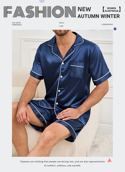 Men Satin Short Sleeve Pajama Set, Summer Sleepwear for Man, Button-Down Shirt & Elastic Waist Shorts, Pajamas Home Clothes, 2Piece