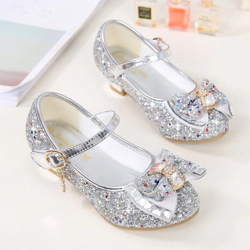 Princess Kids Leather Shoes for Girls Flower Casual Glitter Children High Heel Girls Shoes Butterfly Knot Blue Pink Silver