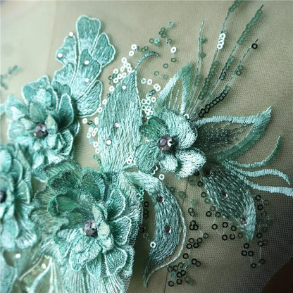 Grey Blue Red 3D Flower Leaf Lace Fabric Sequin Rhinestone Embroidered Gown Appliques Collar Mesh Sew Patch For Wedding Decor