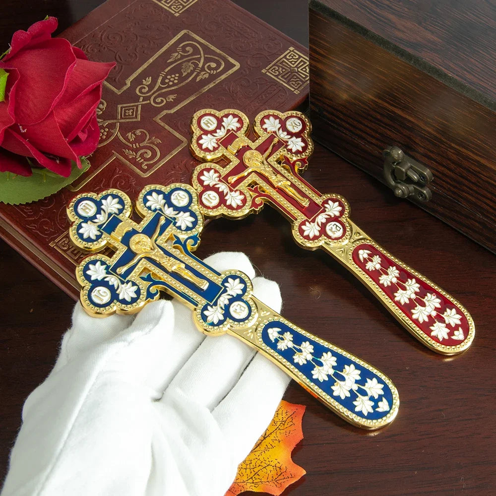 Orthodox Blessing Handheld Church Cross Gold Plated Colorful Enamel Jesus icon, Cross INRI Crucifix Single Face Jesus, HTISOK