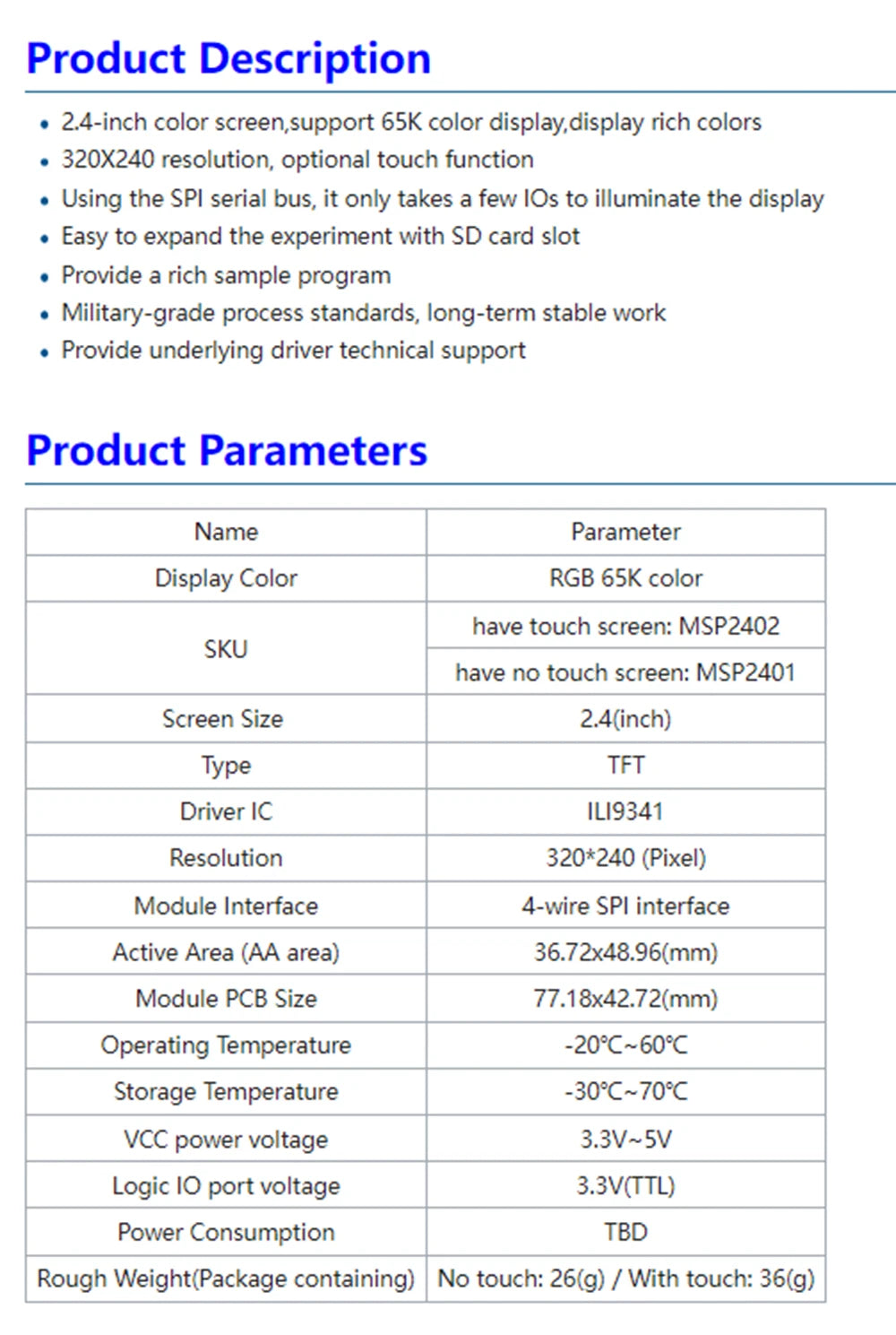 2.2 /2.4/2.8/3.2/3.5/4.0 Inch SPI TFT LCD Touch Panel Serial Port Module,  ILI9341  240x320 Serial LED Display