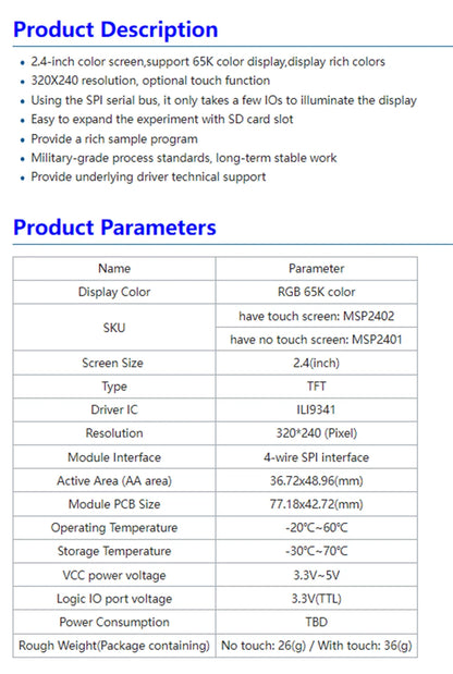 2.2 /2.4/2.8/3.2/3.5/4.0 Inch SPI TFT LCD Touch Panel Serial Port Module,  ILI9341  240x320 Serial LED Display