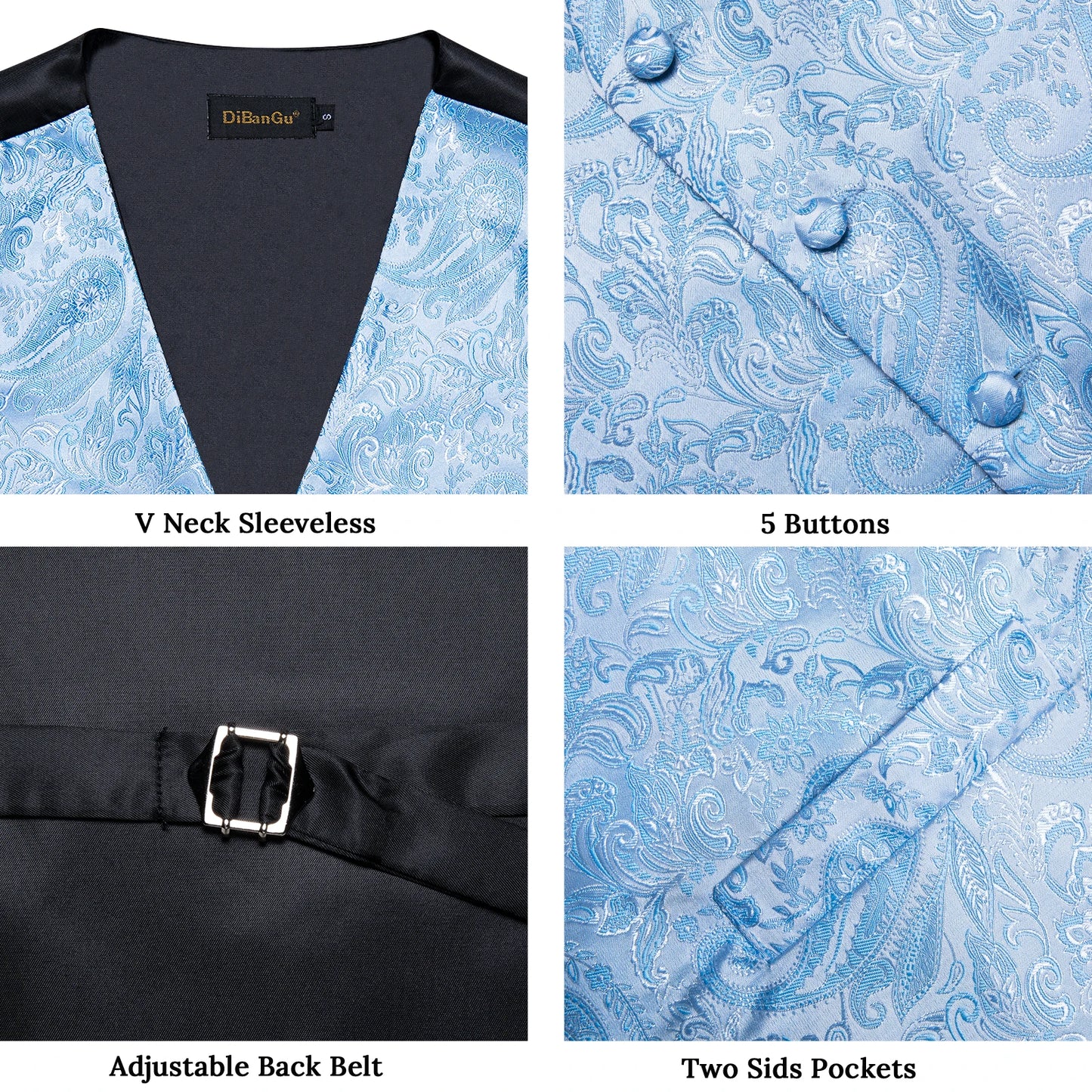 Suit Vest With Bow Tie Pocket Square Cufflinks Light Blue Black Red Paisley Luxury Wedding Prom Tuxedo Waistcoat for Men