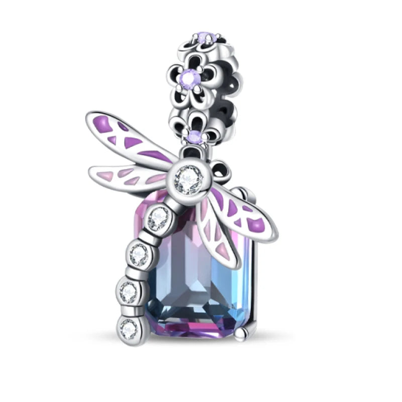 100% 925 Sterling Silver Exquisite Colored Dragonfly Charms Pendants Sparkling Zircon Fit Qikaola Original Bracelets DIY Jewelry