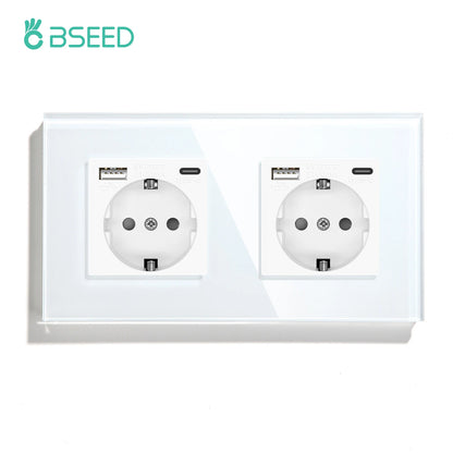 BSEED EU Standard Wall Electrical Sockets Type-C Outlets Wall Power Socket USB Charge Port Glass Panel Kids Protection 16A