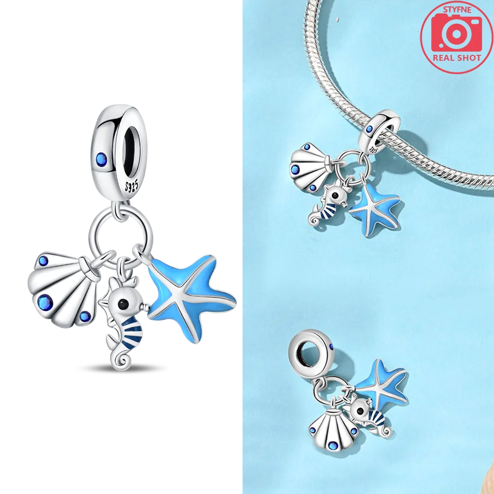 Charms 925 Silver Blue Original Stars Heart Zircon Chameleon Panda Glass Beads Fit Bracelet Jewelry Women Diy Accessories