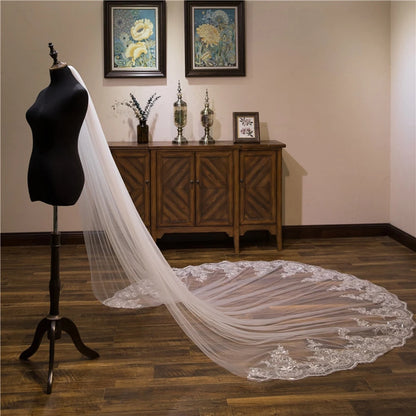Wedding Veil Lace Edge Long Luxurious Bridal Veil, Applique Sequins White/Ivory Veil With Comb, Cathedral One-Layer 3M/4M/5M