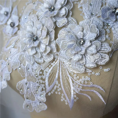 Grey Blue Red 3D Flower Leaf Lace Fabric Sequin Rhinestone Embroidered Gown Appliques Collar Mesh Sew Patch For Wedding Decor