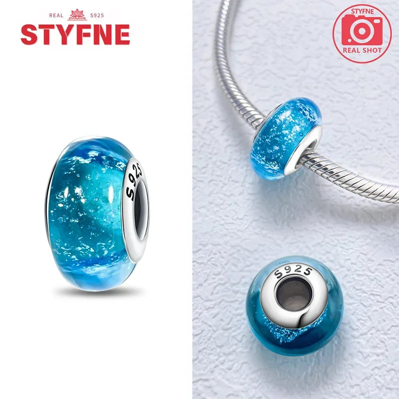 925 Sterling Silver Blue Series Crystal Enamel Murano Charm Bead Fits Original Bracelet for Women DIY Fine Jewelry Gifts