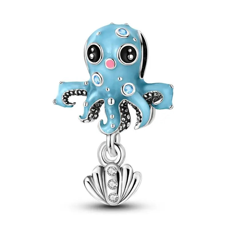 PAMELA 925 Sterling Silver Sea Turtle Starfish Blue Charm Dolphin Octopus Shell Bead For Original Charms Bracelets Ocean Jewelry