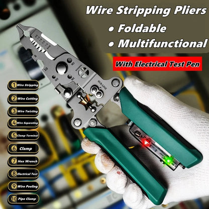 Multifunctional Wire Stripper with Electrical Test Pen, Foldable Cable Cutter, Crimper Tool, Electrical Folding Pliers for Cutting