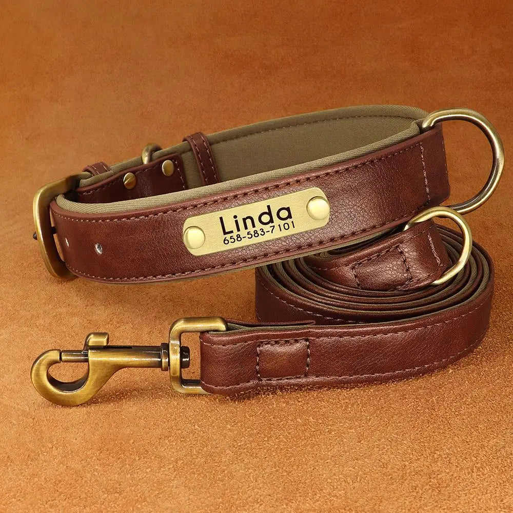 Customized Leather Dog Collar Leash Set, Soft Padded Leather Collar For Small Medium Large Dogs With Free Engraved Nameplate