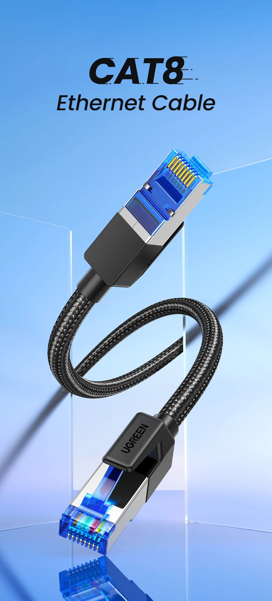 UGREEN CAT 8 Ethernet Cable High Speed Braided 40Gbps 2000Mhz Network LAN Cord RJ45 Shielded Indoor for Router PC PS5 Modem Xbox