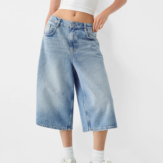 Women's Trendy Knee Length Denim Shorts, Low Waisted Stretchy Bermuda Jean Shorts, Baggy Cargo Jorts Y2K Vintage Streetwear