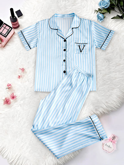 Classic Striped Print And Pocket Letter Short-Sleeve Long Pants Pajama Set, Satin Sleepwear with Lapel Collar and Button Detail