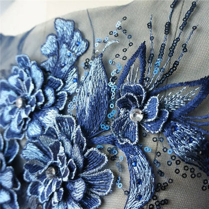 Grey Blue Red 3D Flower Leaf Lace Fabric Sequin Rhinestone Embroidered Gown Appliques Collar Mesh Sew Patch For Wedding Decor