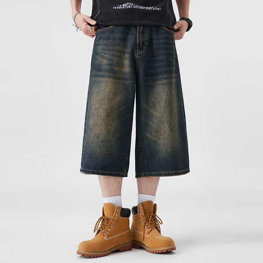 Men's Non-Elastic Denim Seven-Five Shorts Loose Wide Leg Fit Versatile Simple Style Casual Shorts