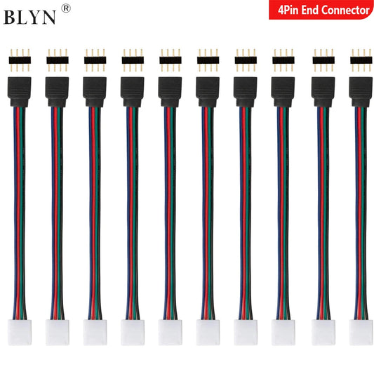 5050 LED RGB Strip Light Connector 4 Pin Conductor 10mm Strip to Controller Jumper Solderless Clip On Pigtail Power Adapter