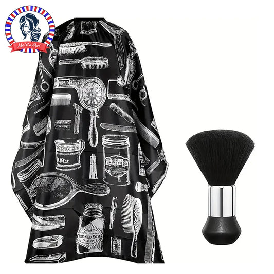 Professional Barber Salon Cape Set: Hair Cutting Cape + Neck Duster Brush - Stylist-Grade Hairdressing Apron for Barbers/Hairdressers