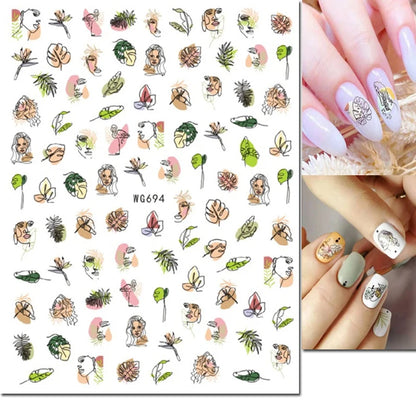 3d Nail Art Decals Tropical Palm Leaves Flowers Laces Faces Adhesive Sliders Nail Stickers Decoration For Nail Manicure
