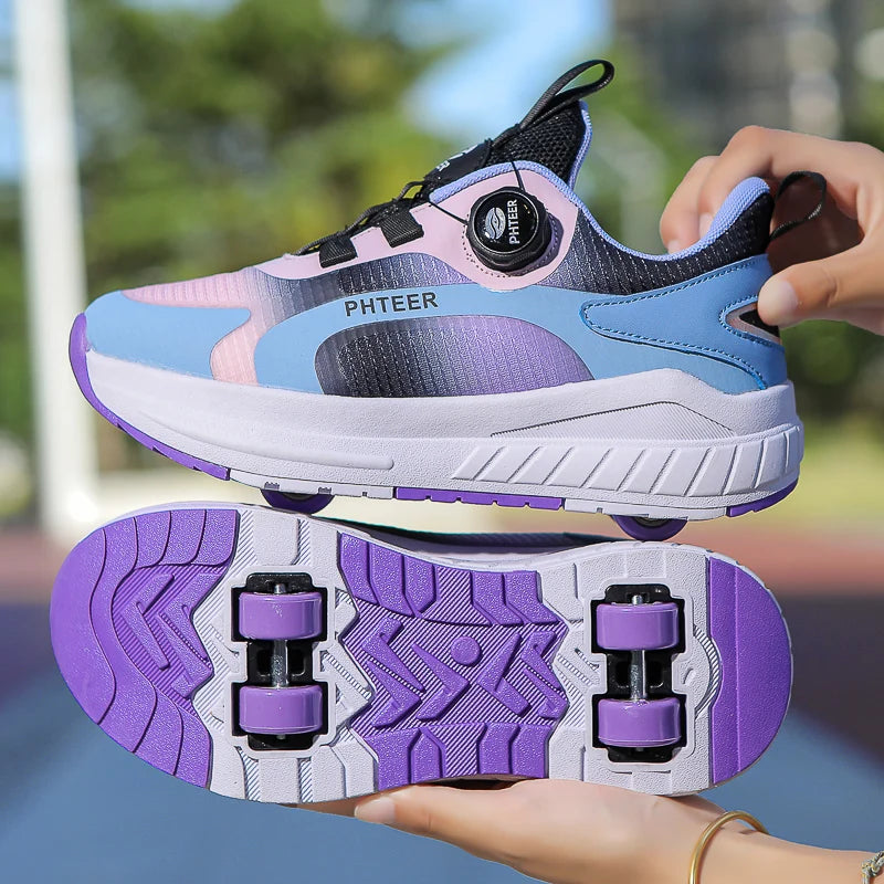 Kids Two Wheels Roller Skating Shoes With Light Magic Stick Walking Shoes Detachable Wheels Roller Skate Shoes For Teenagers