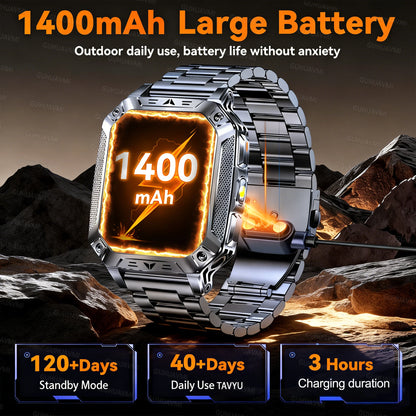 2026 New Military 1400mAh Battery Smart Watch LED Flashlight 10ATM Waterproof Heart Rate Voice Call Men 120+Sports Smart watchs
