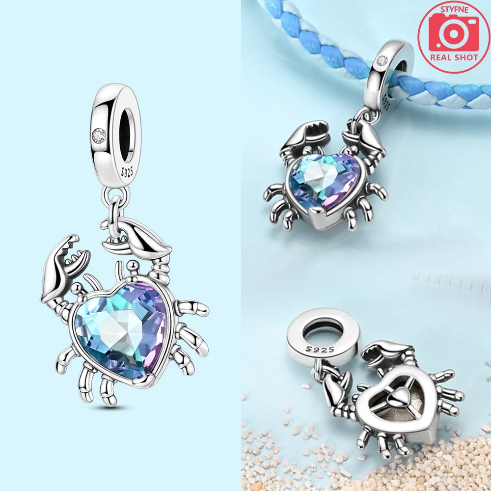 Charms 925 Silver Blue Original Stars Heart Zircon Chameleon Panda Glass Beads Fit Bracelet Jewelry Women Diy Accessories
