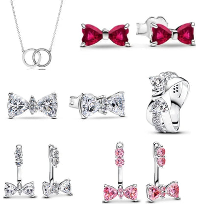 New 925 Silver bow Heart-shaped Ring Necklace Suitable for Valentine's Day,Holiday Gifts for Women DIY High-end ,Fashion Jewelry