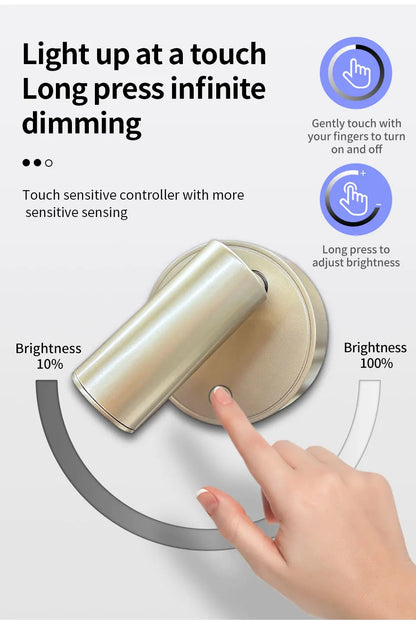 Magnetic Base USB Rechargeable LED Cordless Wall Light Touch, Switch Black White Gold Silvery Dimmable Bedside Lamp For Reading, LED Light