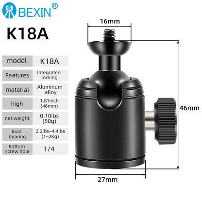 Mini Cold Shoe Ball Head, Dual Use 1/4 Screw Cold Shoe Aluminum Alloy Ball Head for Camera Phone Speedlite Tripod Selfie Stick, BEXIN K19
