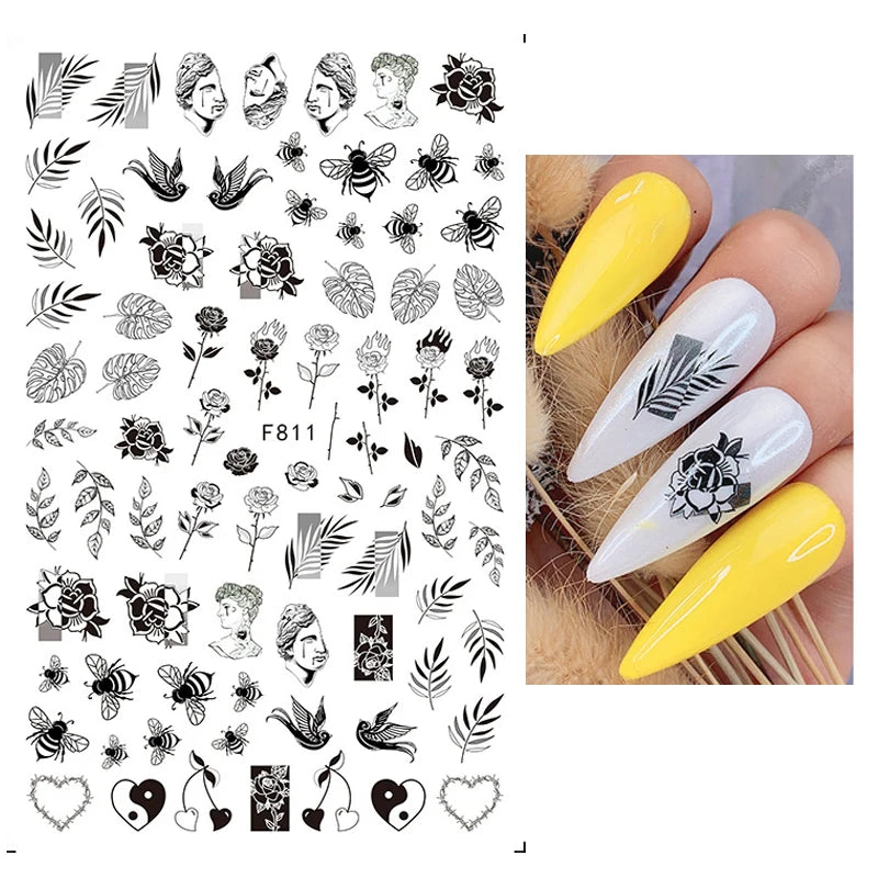 3d Nail Art Decals Tropical Palm Leaves Flowers Laces Faces Adhesive Sliders Nail Stickers Decoration For Nail Manicure