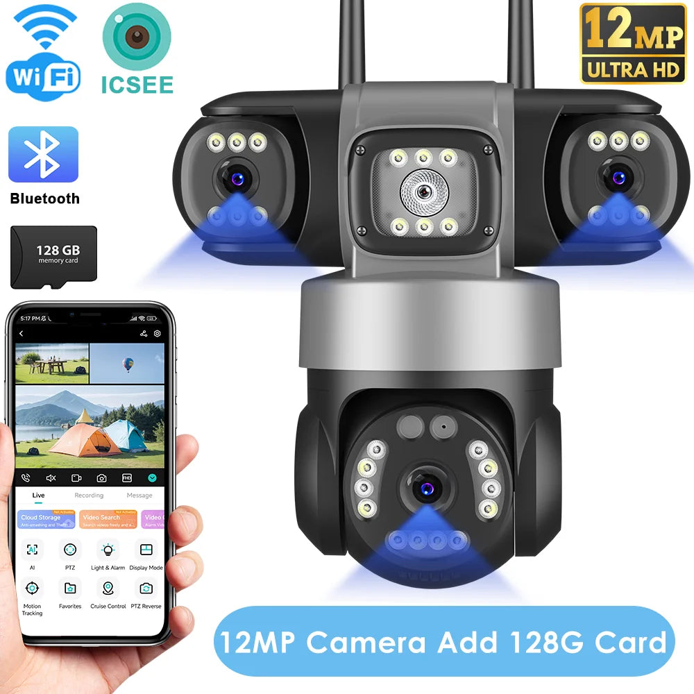 12MP Outdoor WiFi Camera, 6K HD Triple Lens, Triple Screens PTZ IP Security Camera, Human Auto Tracking, Waterproof CCTV Cam ICSEE
