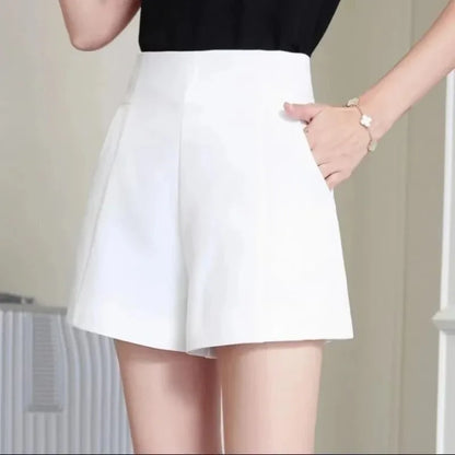 Women Shorts, Spring Summer Casual High Waist A-line Shorts, Loose Wide Leg Shorts, Chic Lady Black White Suit Shorts
