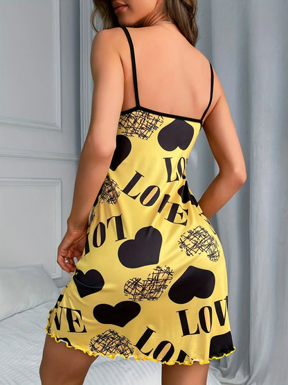 Women Summer Camisole Nightgown, Backless Heart LOVE Print Soft Breathable Sleepwear, Ruffle Hem Round Neck Night Dress