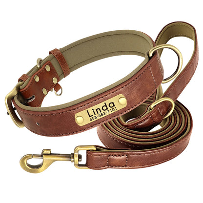 Customized Leather Dog Collar Leash Set, Soft Padded Leather Collar For Small Medium Large Dogs With Free Engraved Nameplate
