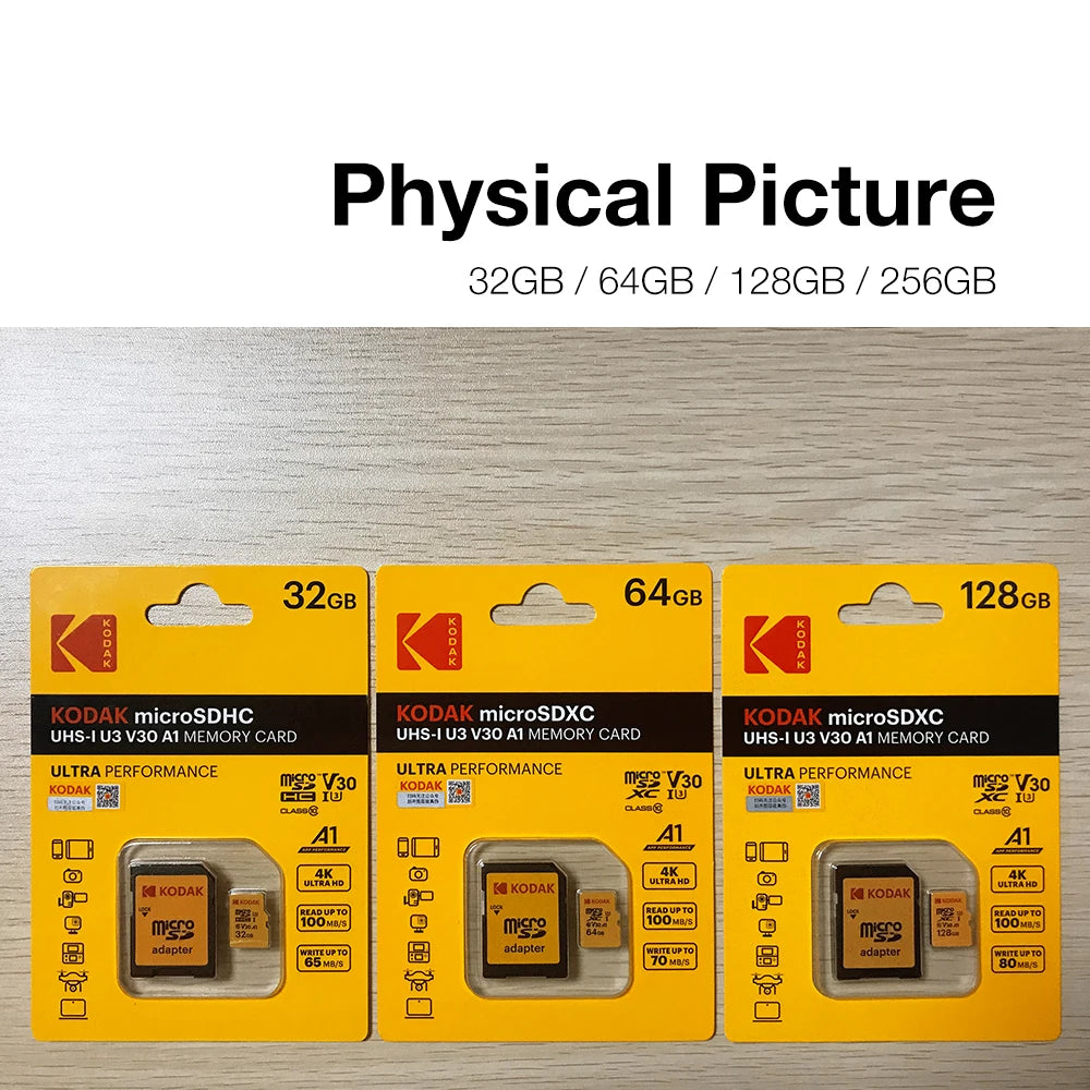 Original Kodak U3 A1 V30 MicroSD 128GB 32GB 64GB 256GB Class 10 Cards 32 64 128 256 GB Video Phone Memory Card