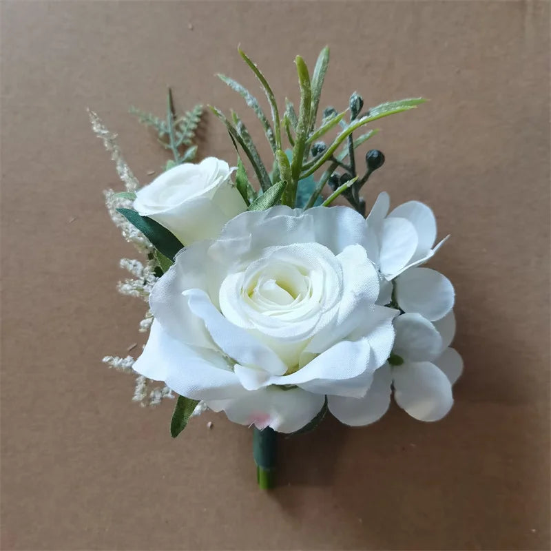 Boutonnieres Flowers Artificial White Roses Silk Ivory Corsage Buttonhole Groomsmen Boutonniere for Men Wedding Accessories
