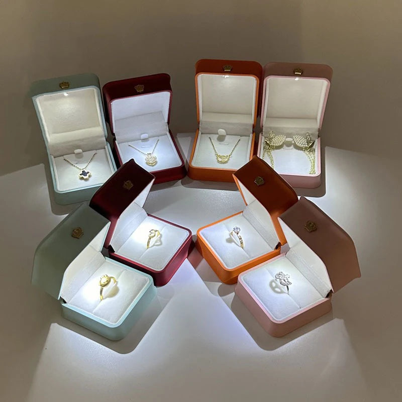 LED Jewelry Ring Box with Light Luxury Crown Earrings Pendant Storage Display Proposal Wedding Gift Box Jewelry Organizer Box