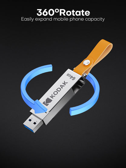 Kodak K133 USB 3.1 Flash Drive 64GB 128GB 256GB 512GB Read Speed 120MB/s Metal Body Leather Band USB3.1 Pen Drive for PC & HD-TV